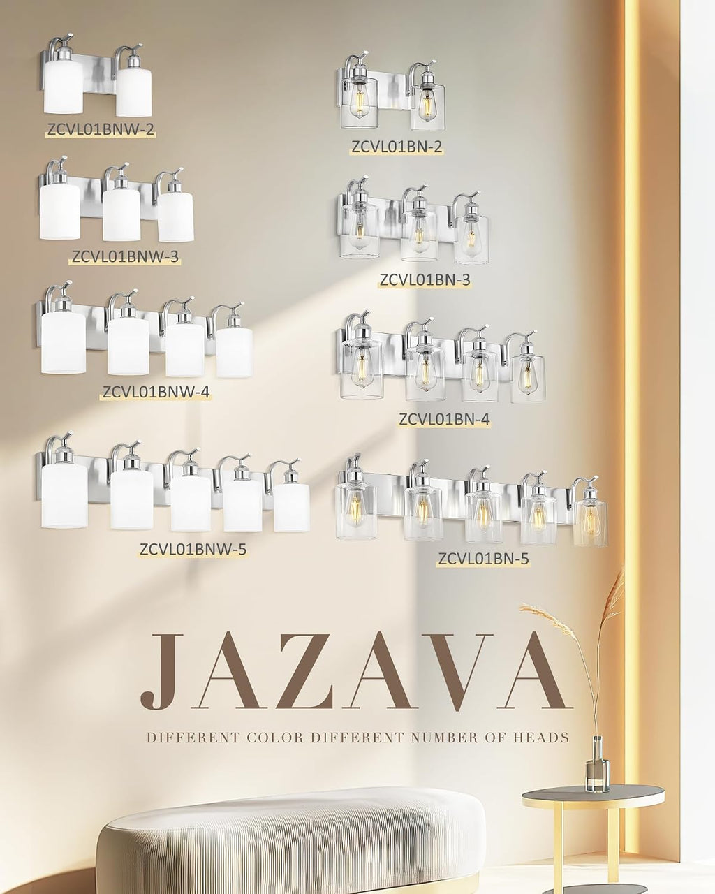 5 Light Bathroom Vanity Light, Brushed Nickel Vanity Lights for Morden Bathroom Lighting Fixtures Over Mirror Wall Light Fixtures with Milky White Frosted Shade ZCVL01BNW-5