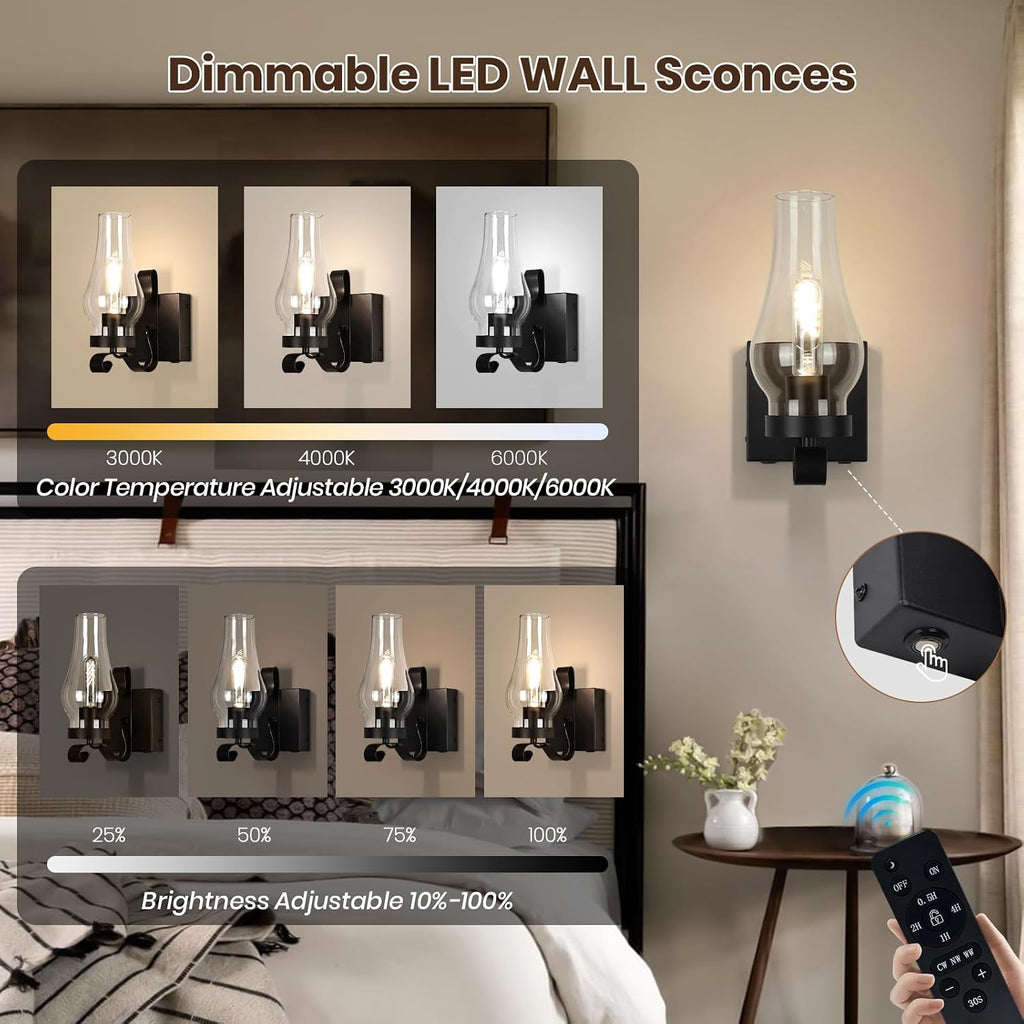 Battery Operated Wall Sconce, Rechargeable Rustic Wall Lights Set of 2, Non-Hardwired Antique Kerosene Wall Lamps, Black Vintage Bedside Wall Sconces with Remote for Bedroom, Hallway etc