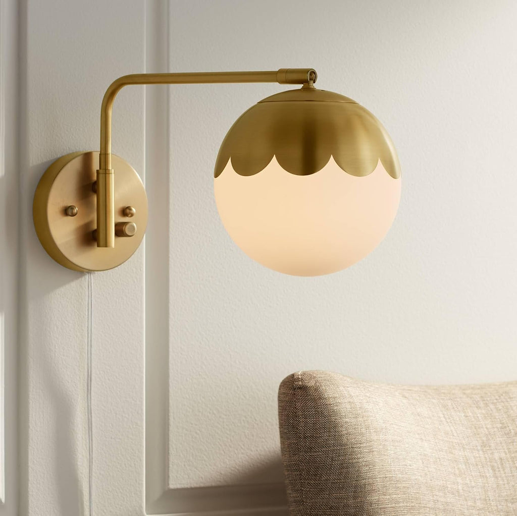 360 Lighting Kelowna Modern Swing Arm Wall Lamps Set of 2 Antique Brass Metal Plug-in Light Fixture Round Glass Globe Shade for Bedroom Bedside House Reading Living Room Home Hallway Dining
