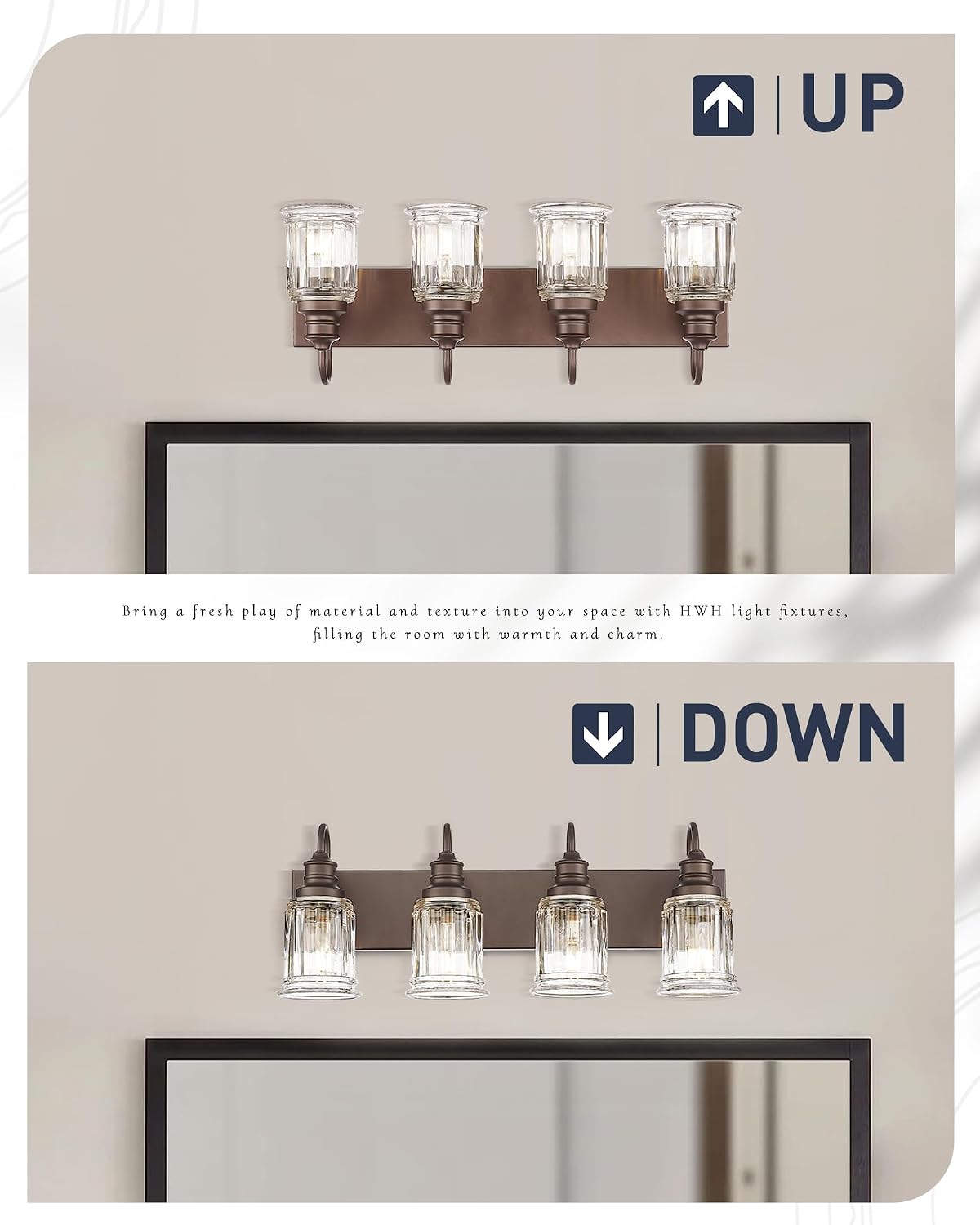Bathroom Vanity Light - HWH 4-Light Vanity Lights for Bathroom Wall Mounted Light Fixtures Over Mirror, Oil Rubbed Bronze Vanity Light with Bell-Shaped Clear Glass, 5HZG106B-4W ORB