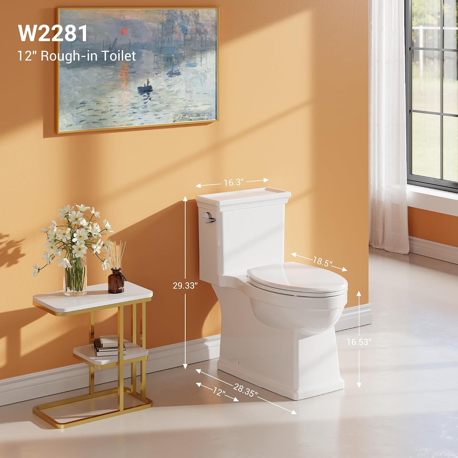 One-Piece Toilet with Elongated Bowl, 1.28 GPF Water-Saving Single Flush, 12-Inch Rough-in, Soft-Close Seat, Left-Hand Lever, Comfortable Height, Bathroom Fixture