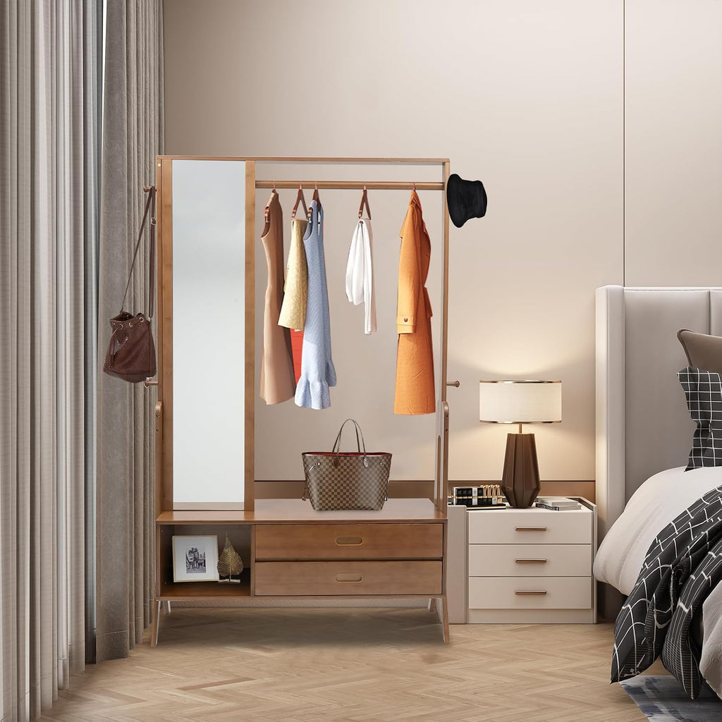 Bamboo Garment Rack Clothes Rack with Mirror and Drawers, Freestanding Closet Organizers Coat Rack Entryway Open Wardrobe Closet Drawers, 220 lb Load Bearing for Bedroom Livingroom Corridors