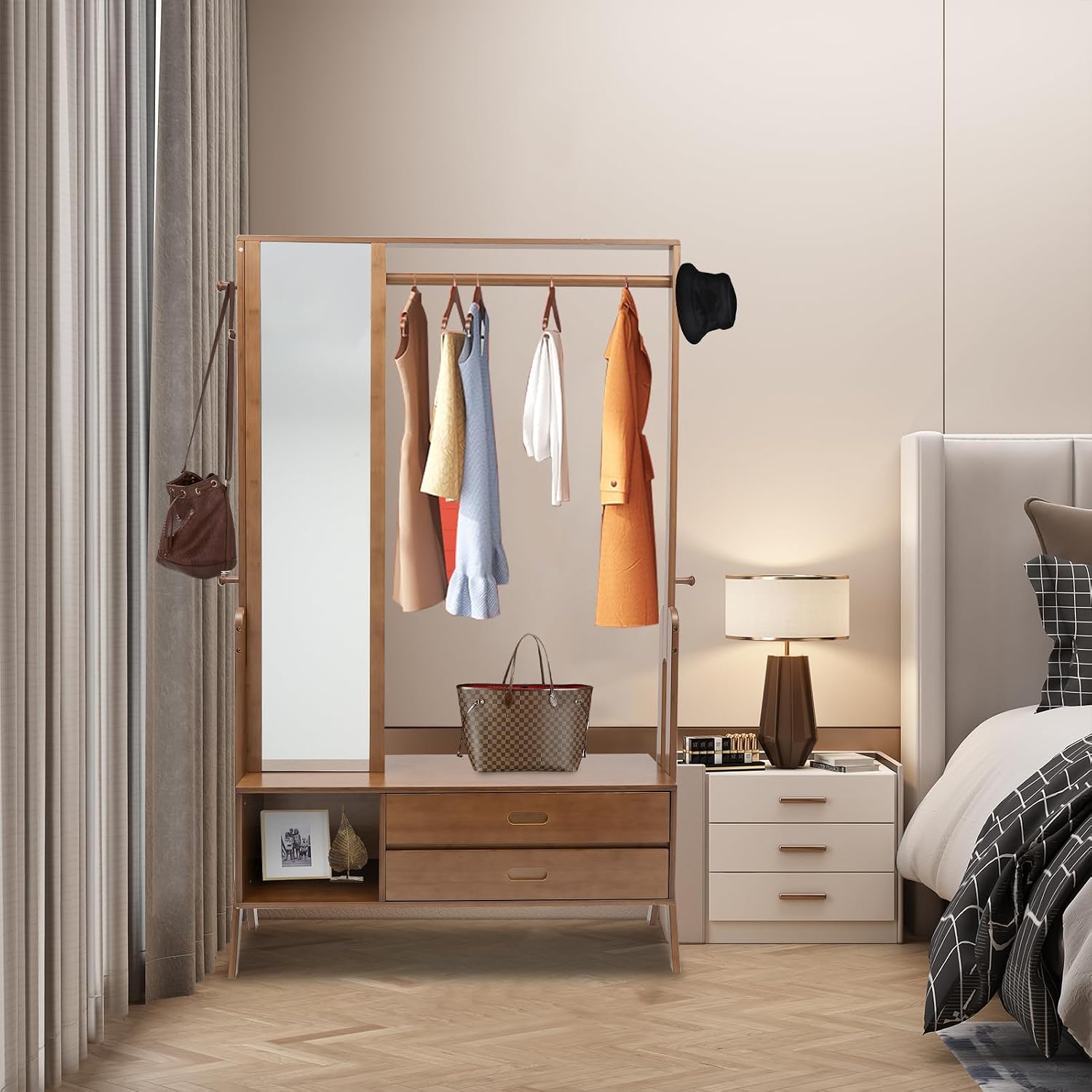 Bamboo Garment Rack Clothes Rack with Mirror and Drawers, Freestanding Closet Organizers Coat Rack Entryway Open Wardrobe Closet Drawers, 220 lb Load Bearing for Bedroom Livingroom Corridors