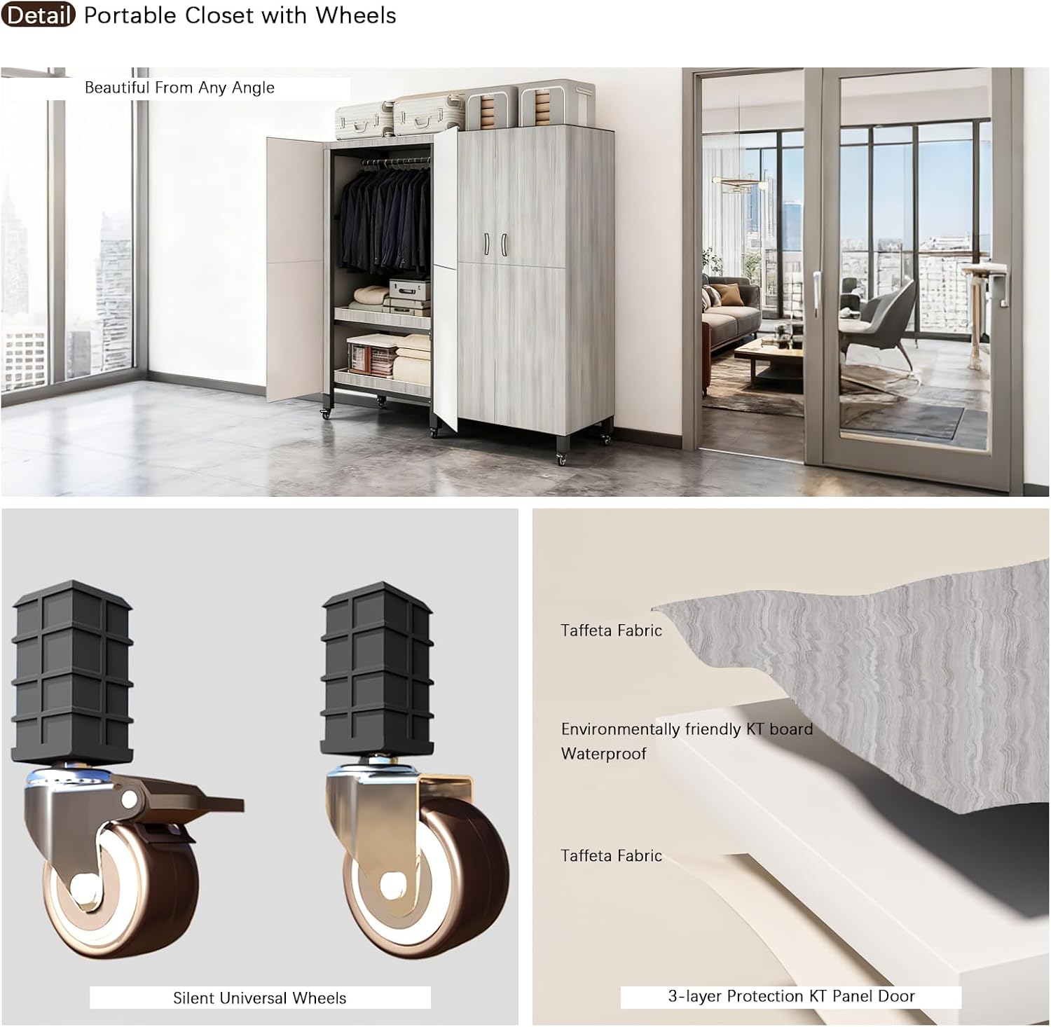 Foldable Portable Armoire Wardrobe Closet for Hanging Clothes Rack, Heavy Duty Covered Clothes Rack with Cover(HARDBOARD Magnetic), Closet Garment Rack for Bedroom Storage (KT Woodgrain Gray, 49.21in)