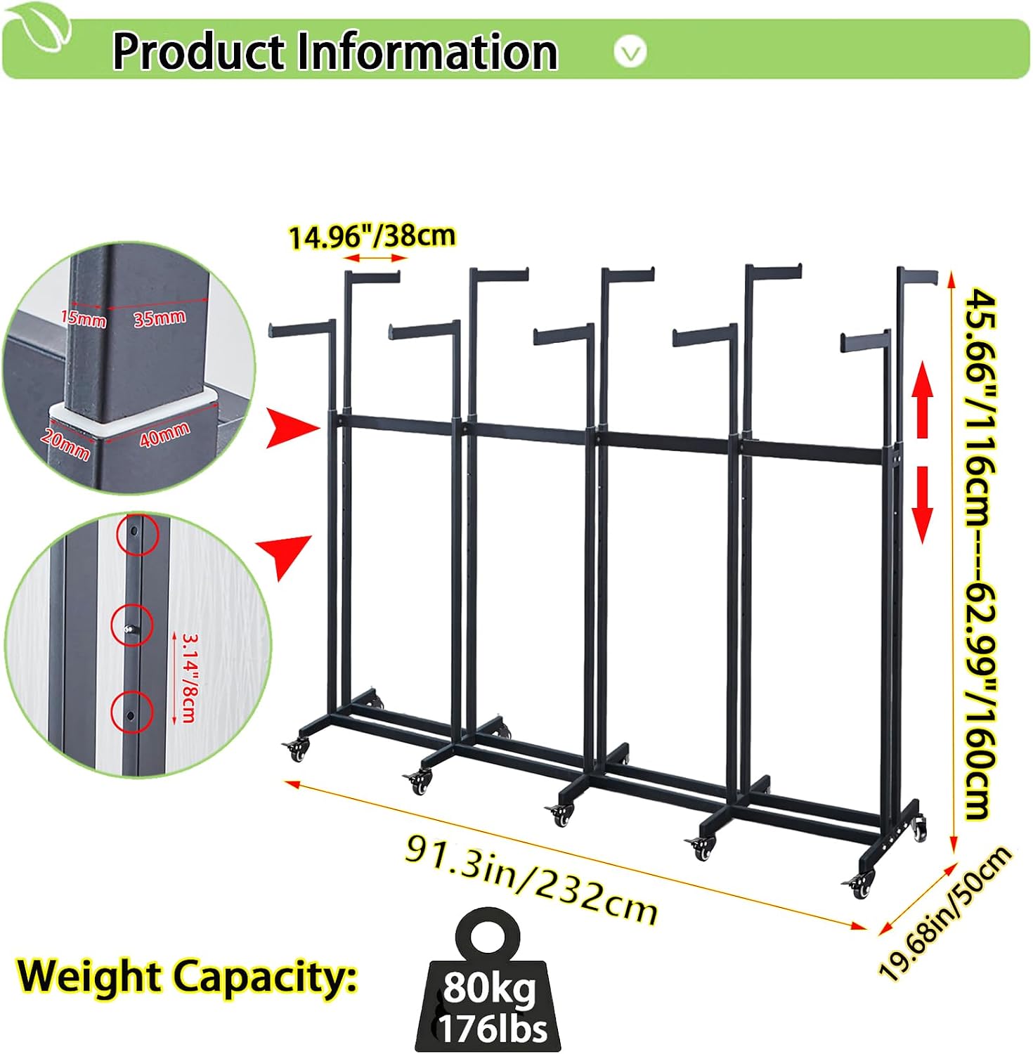 Floor Standing Metal Garment Rack - Heavy Retail Display Racks With Wheels, 10 Arms Clothing Rack, Square Tubing Portable Shirt Rack, Merchandise Display RackFor Hanging Clothes (XL-Black)
