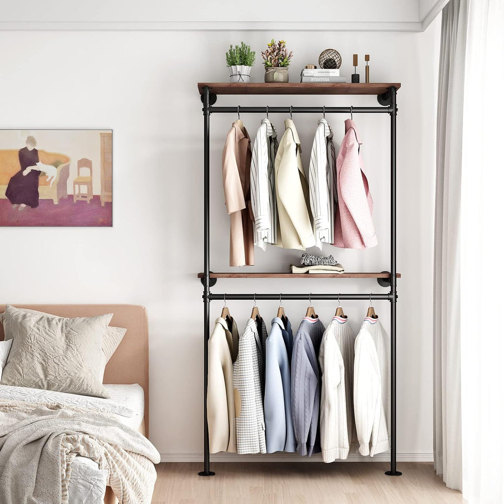 DR.IRON Industrial Pipe Clothing Racks with 2 Tier Shelves, Wall Mounted Black Clothes Rack with Double Hanging Rods Heavy Duty Garment Storage Rack Display Racks Rod for Clothes,Laundry Room