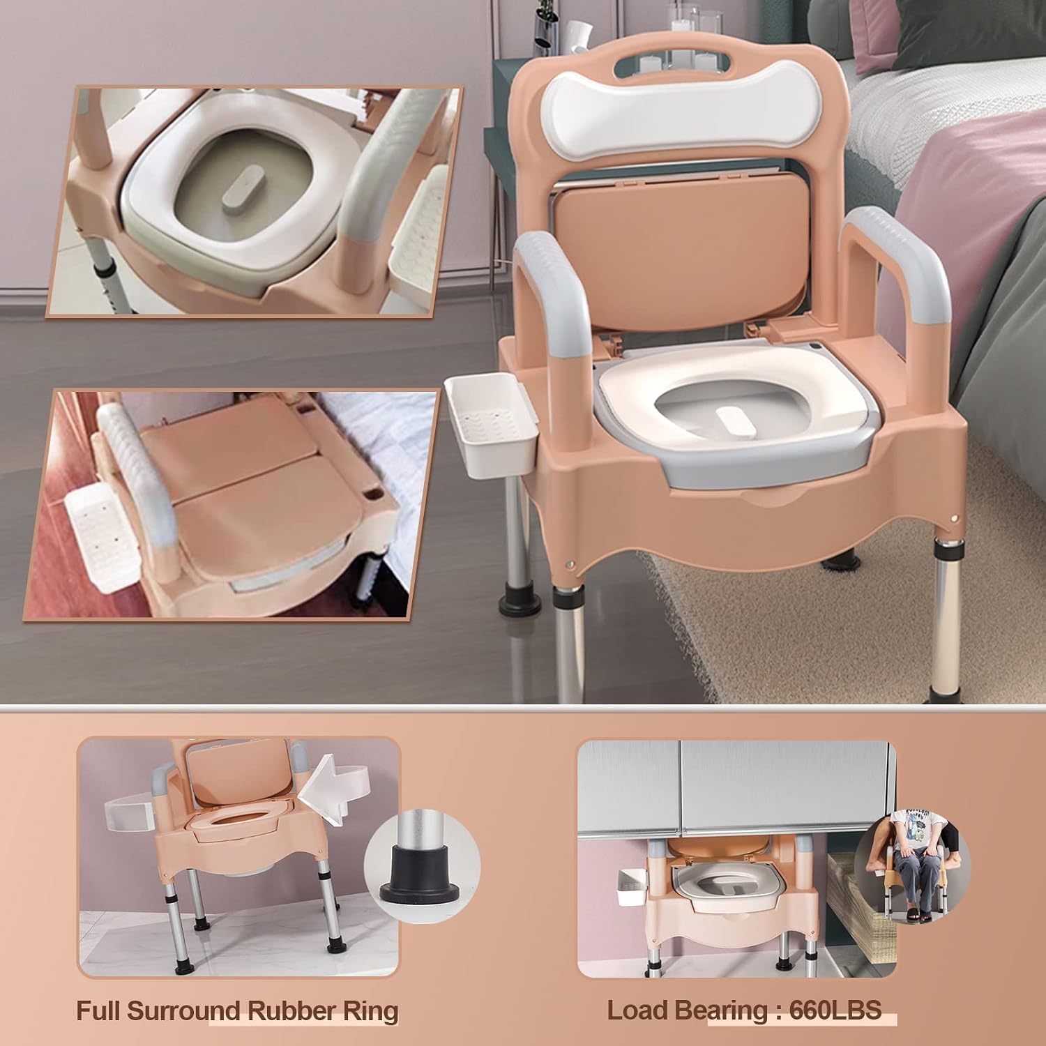 Bedside Commodes, 16' Toilet Chair Seat with Handles, Adjustable Mobile Portable Toilets, Anti-Slip and Anti-Rollover, Adult Potty Chair Load 660 Lb for Seniors Disabilities Elderly & Others