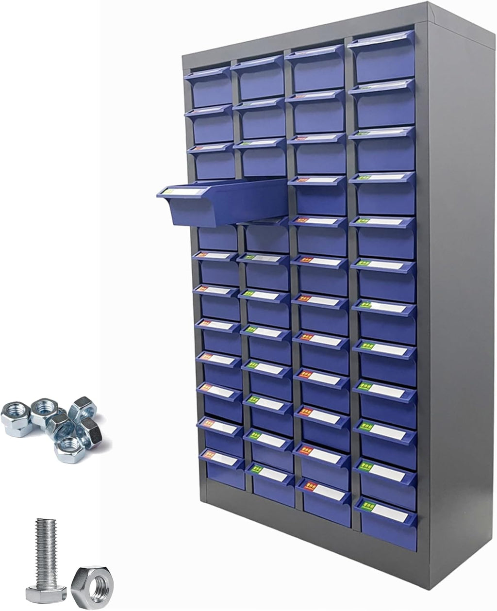 Parts Cabinet 48 Drawer Parts Drawer Storage Bolt Bins Organizer Storage Steel Tool Chest ABS/PS Material with Partitions and Labels