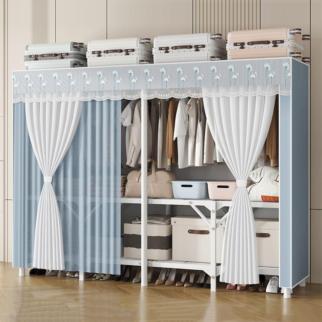 Portable Wardrobe Closet for Hanging Clothes, Metal Freestanding Armoire Wardrobe Clothes Rack with Fabric Cover, Large Capacity Garment Rack Clothes Organizer with Shelves, For Bedroom(Blue,78.7''x17