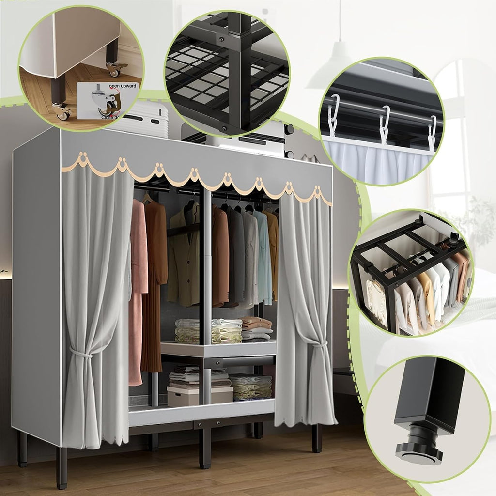 Portable Closet, Wardrobe Clothes Organizer, Heavy Duty Foldable Wardrobe Load 2000lbs, Freestanding Metal Clothing Rack, Rolling Garment Rack With Wheel, Covered Clothes Armoires Bedroom(125*52*180cm