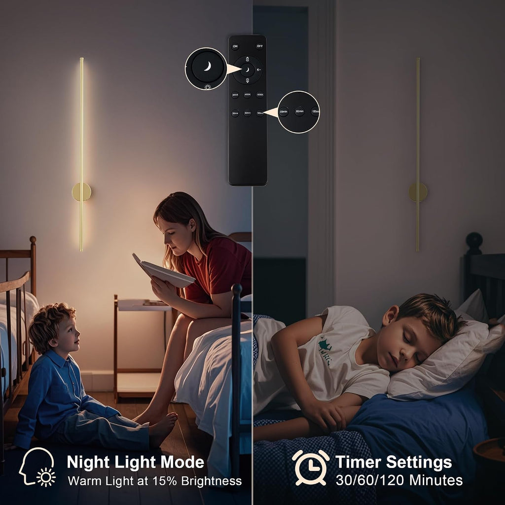 Battery Operated Modern Wall Sconces,Dimmable Wireless Wall Light Set of Two with Remote Control,3 Color Temperatures,Rechargeable LED Wall Sconce for Bedroom,Living Room,Hallway,39.3 Inch, Gold