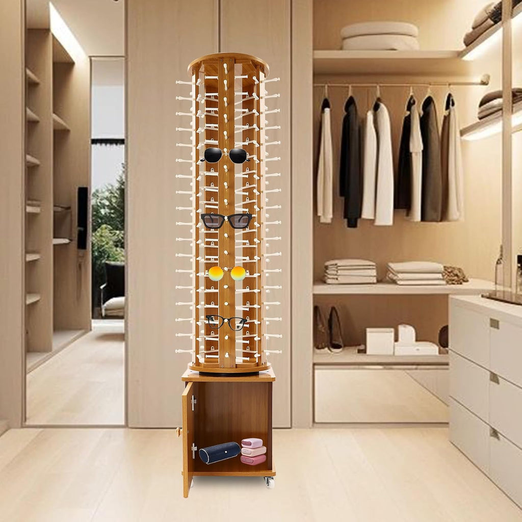 90 Pairs Sunglasses Rack Floor Standing Rotating Glasses Display Stand 5-Sided Wood Eyeglasses Holder with Wheels and Storage Cabinet Mobile Commercial Eyewear Organizer (Light Brown)