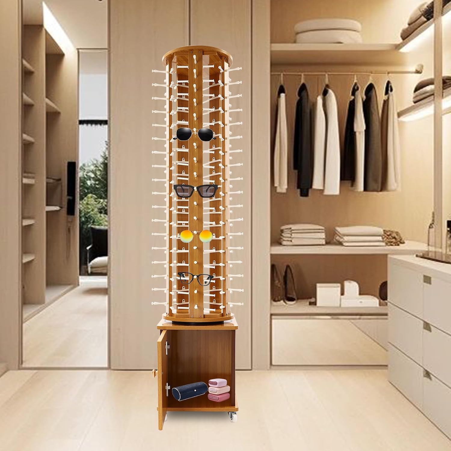 90 Pairs Sunglasses Rack Floor Standing Rotating Glasses Display Stand 5-Sided Wood Eyeglasses Holder with Wheels and Storage Cabinet Mobile Commercial Eyewear Organizer (Light Brown)
