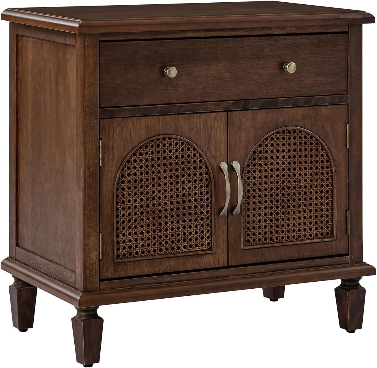 HULALA HOME End Table with Doors and Drawer, Traditional Side Table with Solid Wood Legs, Adjustable Shelf, Charging Station, Walnut