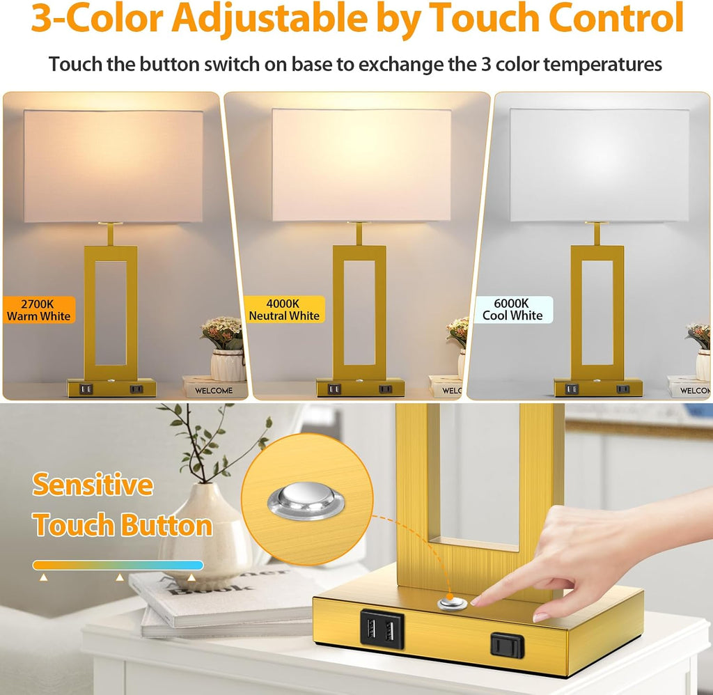 Table Lamps for Bedrooms Set of 2, 27.2'' Super Tall Modern Gold Lamps for Living Room Nightstand End Tables, Button Touch Control Bedside Lamps with 2 USB Ports, 3 Color Temp. E26 Bulbs Included