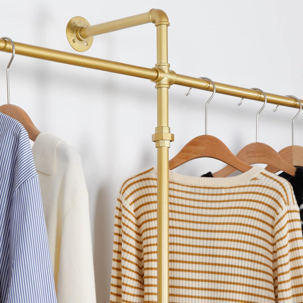 Wall Mounted Industrial Pipe Clothing Garment Racks, Metal Clothing Store Display Stands Clothes Rack Multi-purpose Heavy Duty Hanging Rod for Closet Storage, 134in Gold