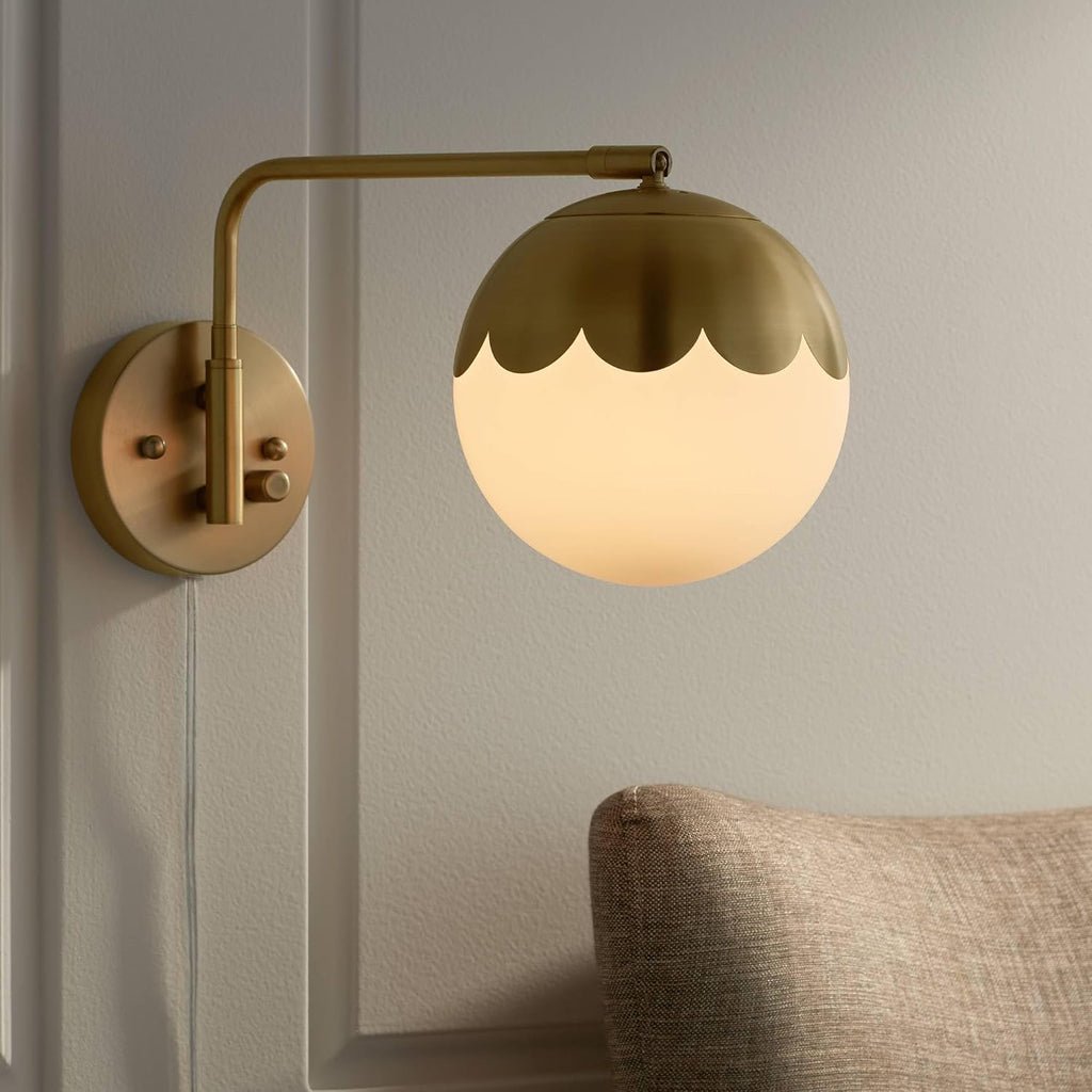 360 Lighting Kelowna Modern Swing Arm Wall Lamps Set of 2 Antique Brass Metal Plug-in Light Fixture Round Glass Globe Shade for Bedroom Bedside House Reading Living Room Home Hallway Dining