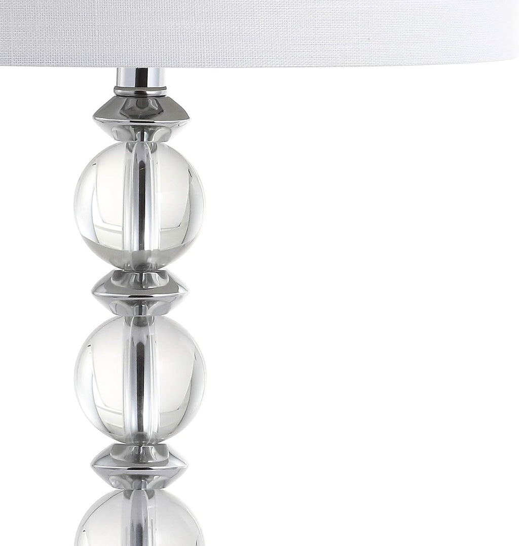 JONATHAN Y 26' Clear/Chrome Crystal LED Table Lamp Set of 2, Transitional Faceted Glass and Metal Nightstand Lamps with White Linen Drum Shade, LED Bulbs Included JYL5041A-SET2
