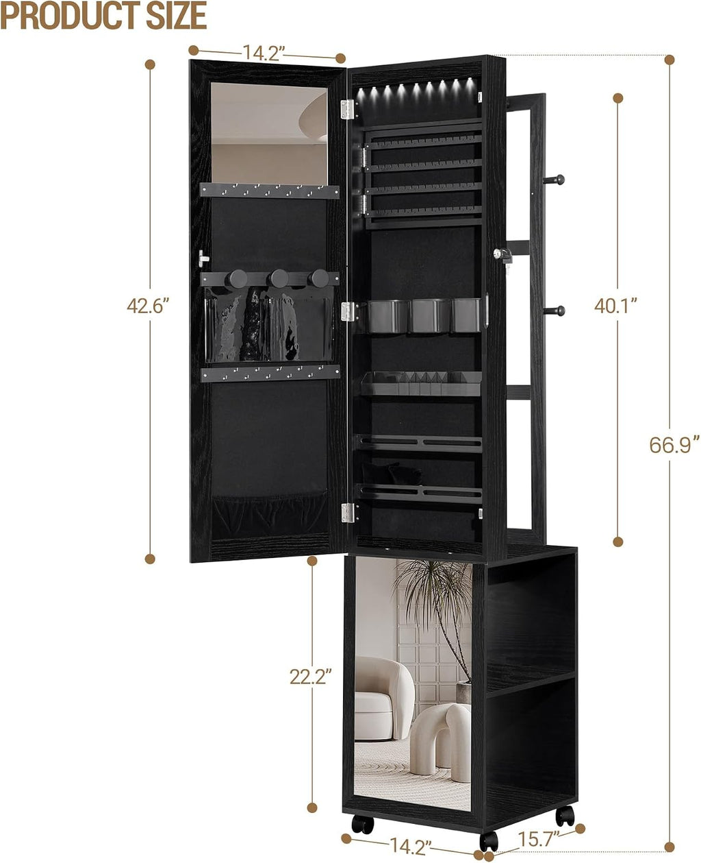 Hzuaneri 8 LEDs Jewelry Cabinet Armoire, 66.9-inch Jewelry Organizer with Garment Rack, Lockable Full-length Mirror with 4 Wheels, Storage Shelves with Hooks, 5-in-1, Black JC17004B