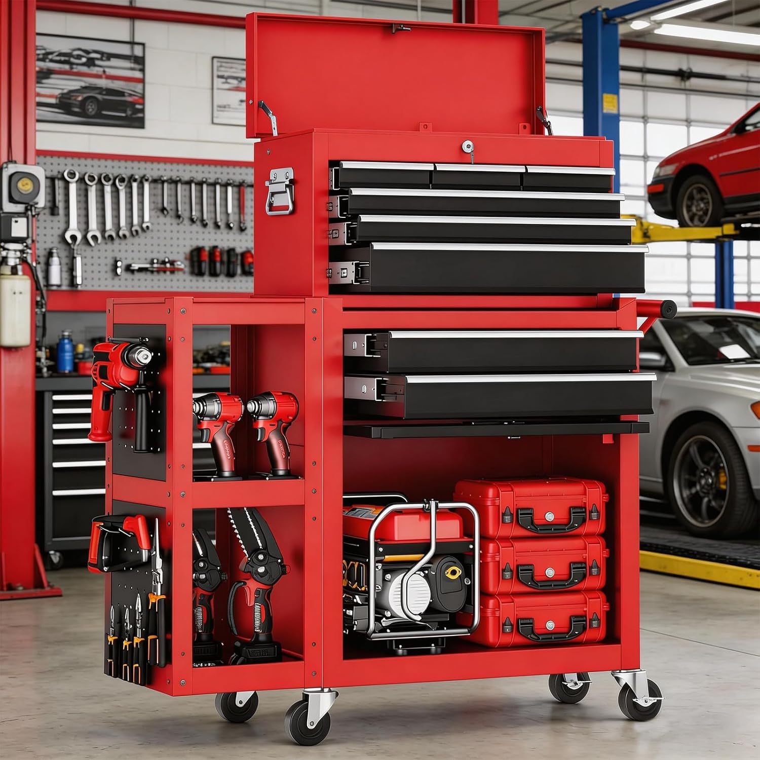 SILVEL 8-Drawer Rolling Tool Chest, 3-in-1 Lockable Tool Box on Wheels with Detachable Top Toolbox & Bottom Storage Cabinet Cart for Garage, Workshop, Repair Room, Warehouse (Red)