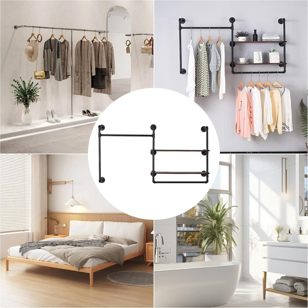 Industrial Pipe Wall-Mounted Clothing Rack with 2 Wood Shelves - Heavy Duty Double Rod Metal Garment Organizer for Bedroom/Retail Stores, Black (30H×12.5D×59W inch)