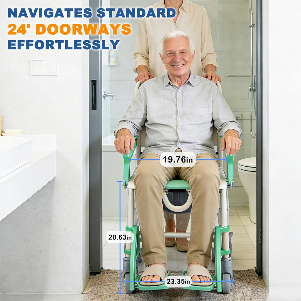4 in 1 Rolling Shower Chair with Wheels for Elderly and Disabled, Shower Wheelchair with Flip-Up Arms & 4 Locking Wheels, Adjustable Footrests, Bedside Commode, Fits Over Toilet, Green