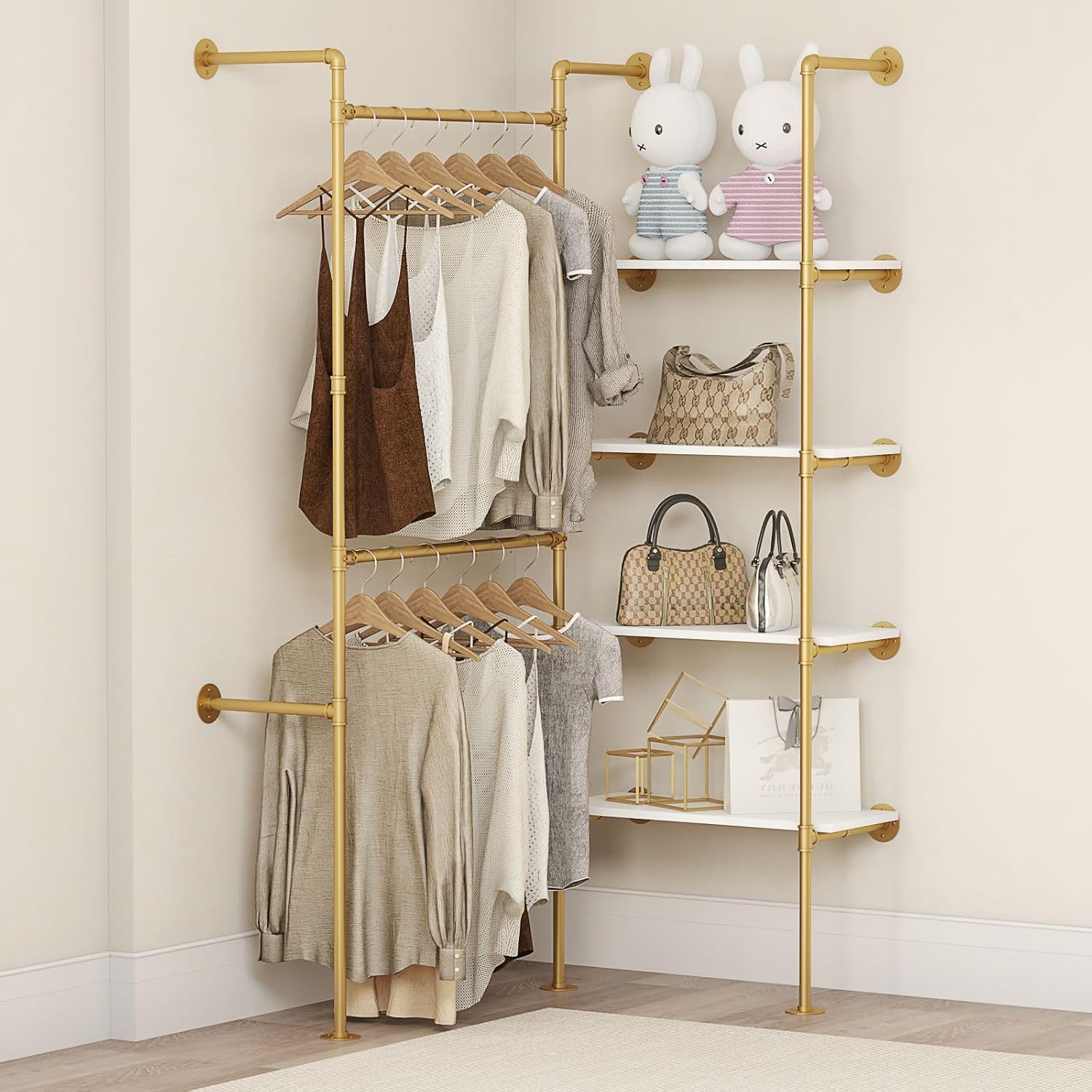 Industrial Pipe Clothing Rack, Heavy Duty Adjustable Garment Hanger with Shelves, 2 Installation Methods Closet Storage System for Wardrobe Organization (Gold, 80' H x 55' W)