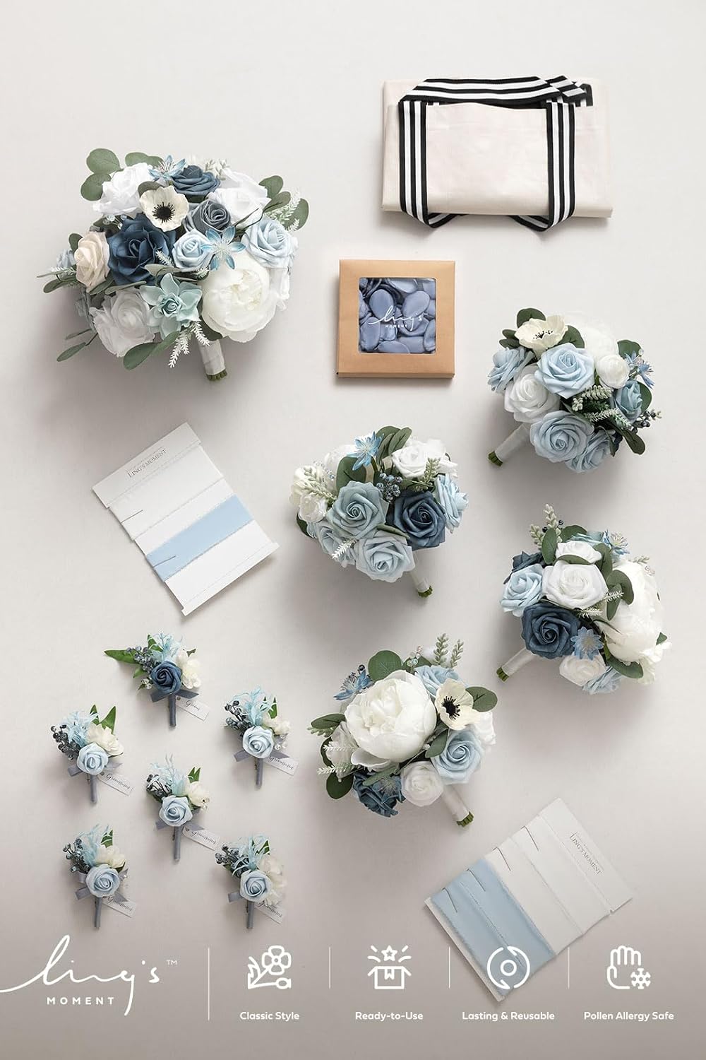 Ling's moment Wedding Artificial Flowers Package, Bridal Bouquet, Bridesmaid Bouquets, Boutonniere for Men, Rose Petals.Blue