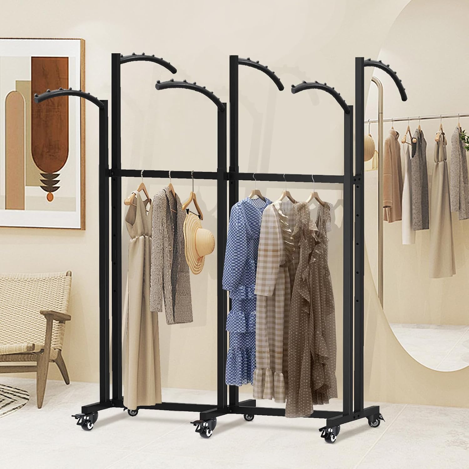 Floor Standing Metal Garment Rack, 6 Arms Clothing Display Rack with Wheels, Heavy Duty 48'' to 67'' Adjustable Height Rolling Retail Clothes Shirt for Hanging Clothes, Black