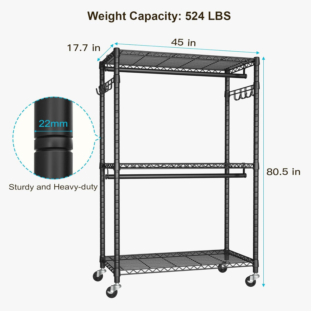 FUTASSI P1 Plus Rolling Clothes Rack, 22mm Diameter Heavy Duty Garment Rack with Wheels, Portable Closet Wardrobe with Double Rods, 45' W x 17.7' D x 80.5' H, Max Load 524 LBS, Black