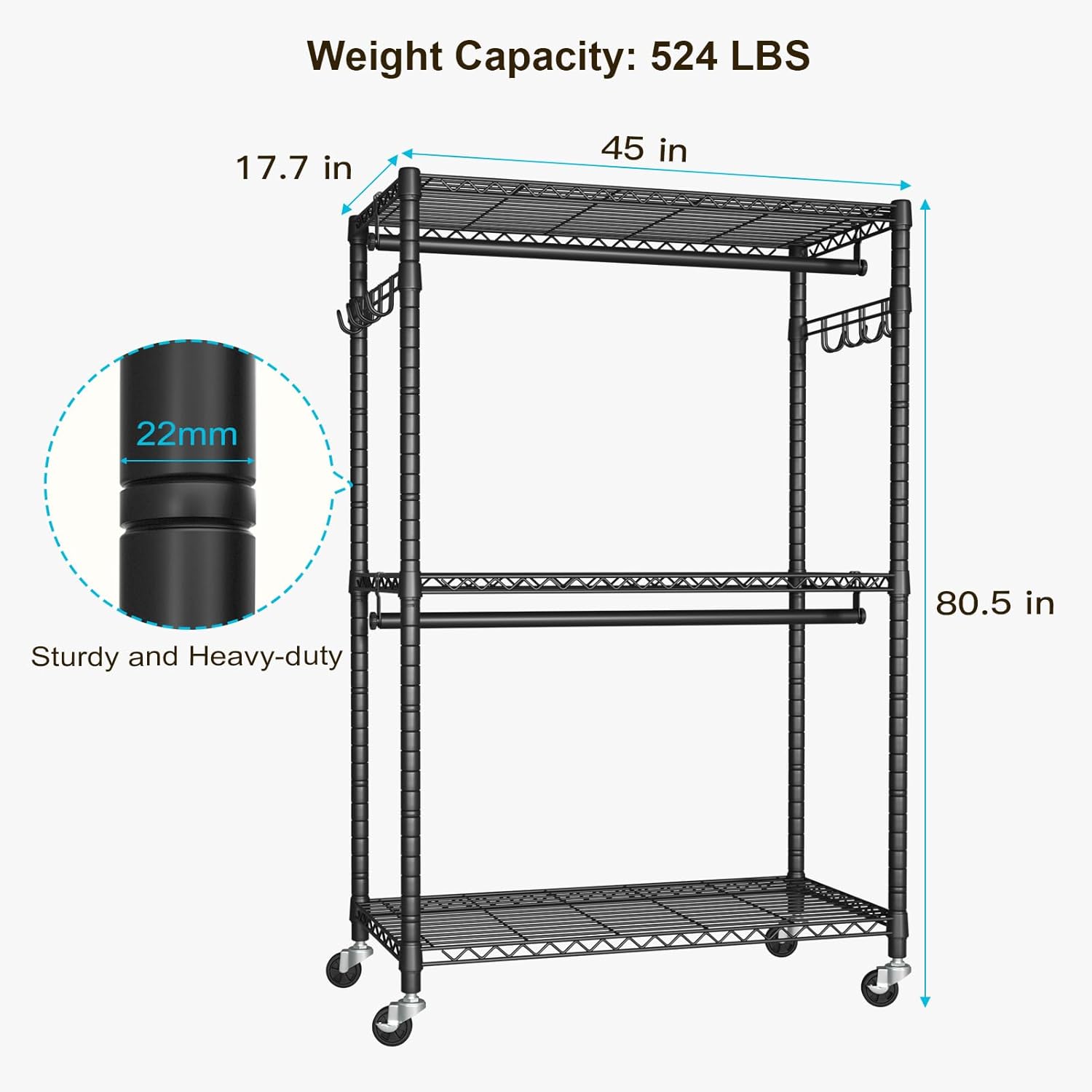 FUTASSI P1 Plus Rolling Clothes Rack, 22mm Diameter Heavy Duty Garment Rack with Wheels, Portable Closet Wardrobe with Double Rods, 45' W x 17.7' D x 80.5' H, Max Load 524 LBS, Black