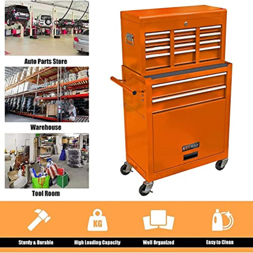 Campfun Rolling Tool Chest with Wheels, 8-Drawer Tool Box Organizer Tool Cabinet, Detachable Large Tool Cabinet with Lock, Mechanic Tool Cart High Capacity Tool Storage Cabinet, Orange