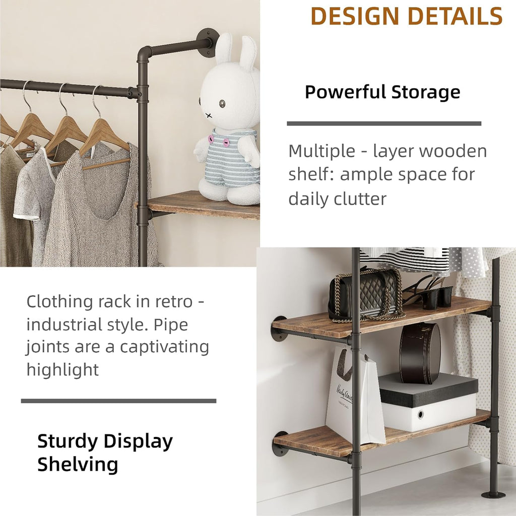 Industrial Pipe Clothing Rack, Heavy Duty Adjustable Garment Hanger with Shelves, 2 Installation Methods Closet Storage System for Wardrobe Organization (Black, 80' H x 55' W)