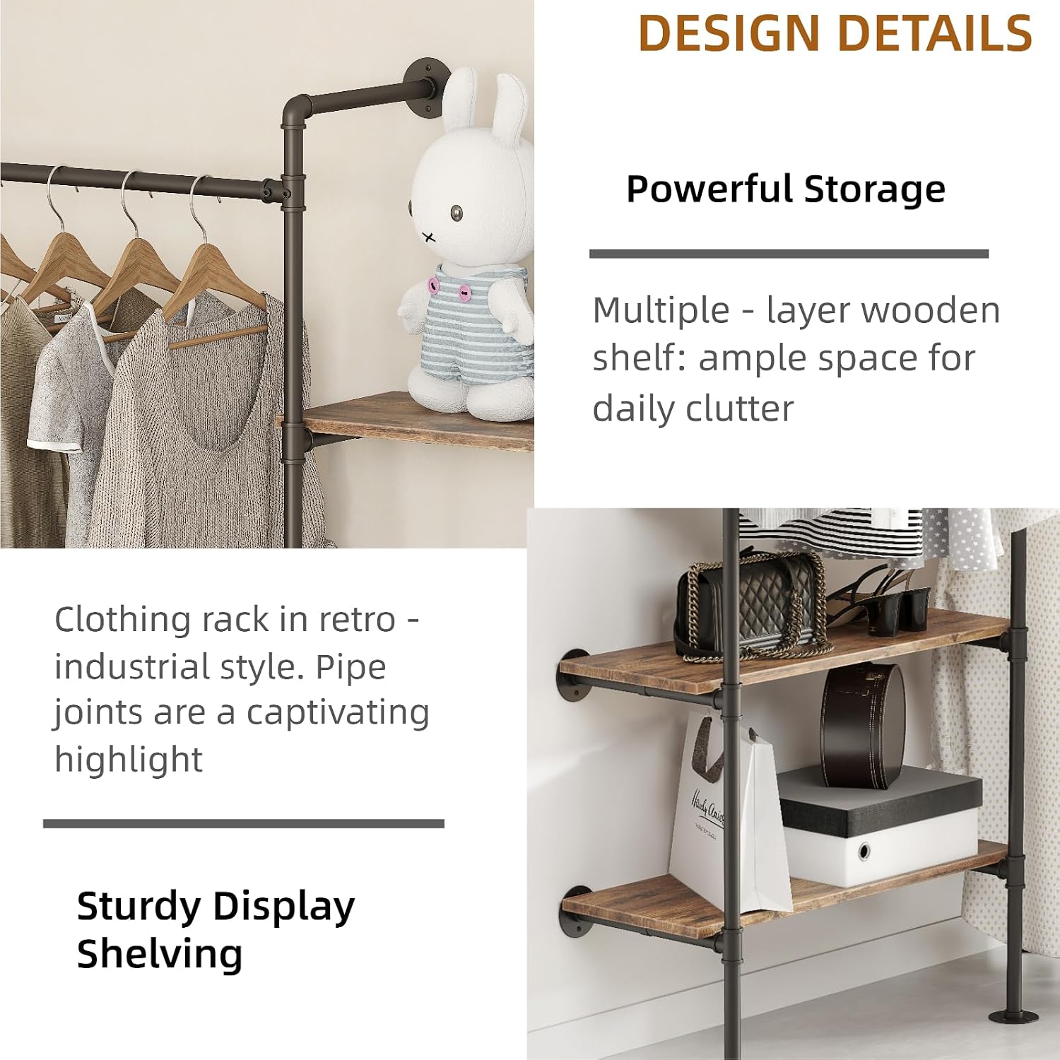Industrial Pipe Clothing Rack, Heavy Duty Adjustable Garment Hanger with Shelves, 2 Installation Methods Closet Storage System for Wardrobe Organization (Black, 80' H x 55' W)