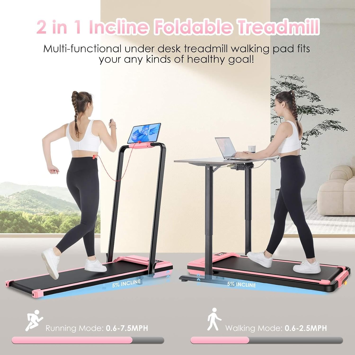 Walking Pad Treadmill with Handle Bar,7.5 MPH Under Desk Treadmill with Incline 300 lb Capacity,Folding Portable Walking Treadmill for Office Under Desk,Running Treadmill Foldable with 12 Programs