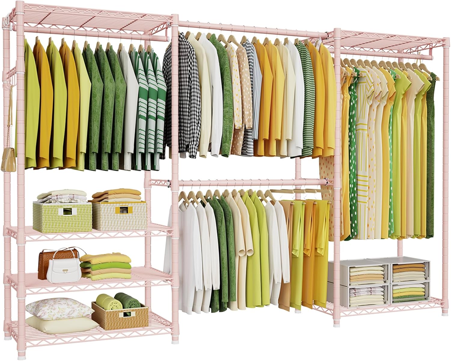 Ulif E1 Heavy Duty Closet Garment Rack, 6 Tiers Adjustable Metal Freestanding Expandable Clothing Storage with 4 Hanger Rods, Easy to Assemble Wardrobe, 71.4' H x (70' - 88.2') L x 14' D, Pink