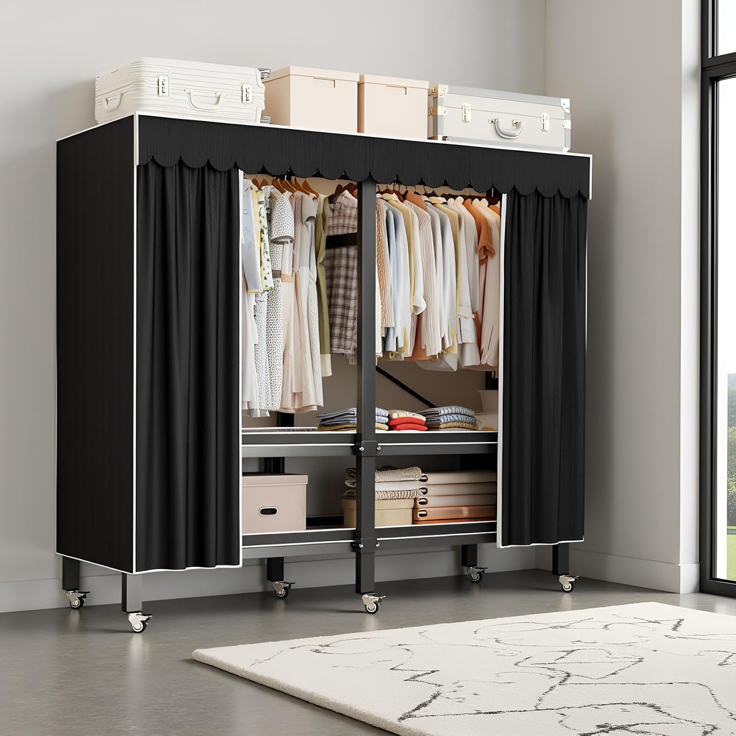 Heavy Duty Portable Wardrobe, Metal Foldable Covered Clothes Rack, 1500LBS, Freestanding Closet System Rolling Garment Rack, for Bedroom Closet (Black Zipper, 59in)