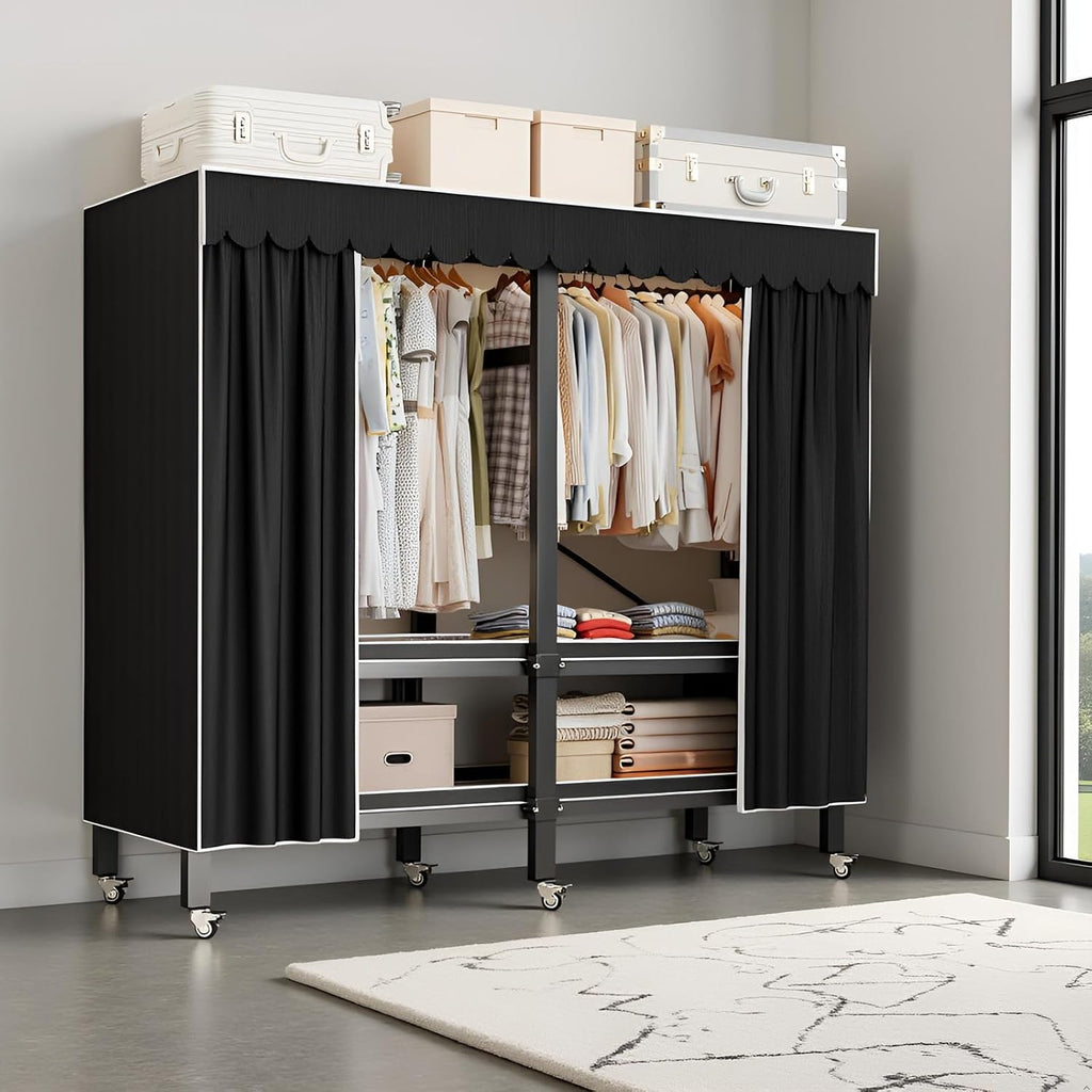 Heavy Duty Portable Wardrobe, Metal Foldable Covered Clothes Rack, 1500LBS, Freestanding Closet System Rolling Garment Rack, for Bedroom Closet (Black Zipper, 49in)