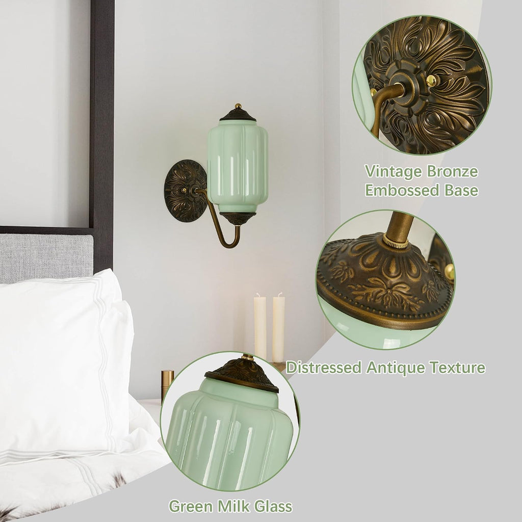 Vintage Milk Glass Wall Sconce - Set of 2 Green Dimmable Wall Mount Lighting with Bulbs - Antique Brass Gold Sconces - Mid Century Vanity Light Fixture for Bathroom Bedroom Living Room Hallway Decor