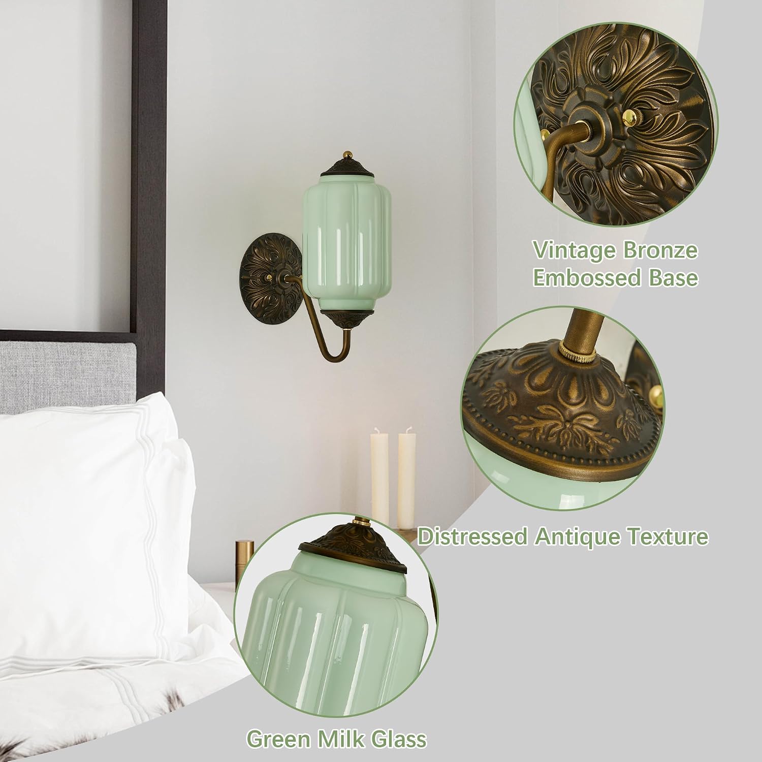 Vintage Milk Glass Wall Sconce - Set of 2 Green Dimmable Wall Mount Lighting with Bulbs - Antique Brass Gold Sconces - Mid Century Vanity Light Fixture for Bathroom Bedroom Living Room Hallway Decor