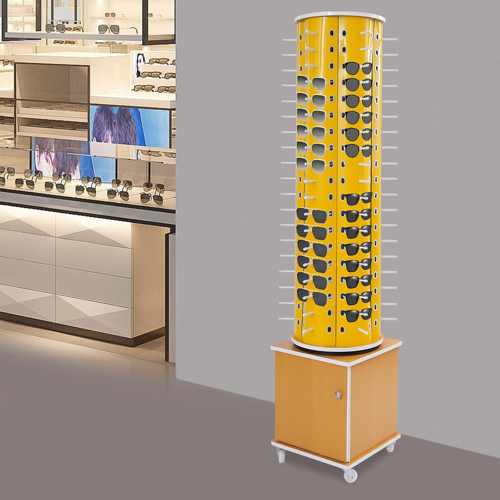 Glasses Display Stand, 114-Pair Eyewear Storage Rack for Sunglasses & Reading Glasses, 360°Swivel Commercial Eyeglass Organizer for Optical Shop, Jewelry Store, Retail Display (Yellow)