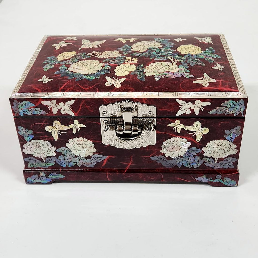 Antique Alive Mother of Pearl Inlay Design Jewelry Box, Wood Jewelry Box, Trinket Case, Keepsake Treasure Chest Box Organizer Holder (Peony Flower)