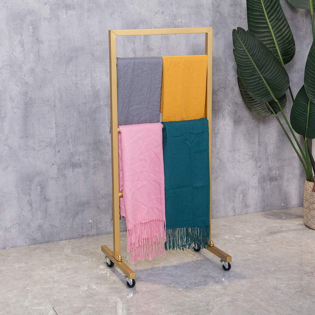 Simple Modern Heavy Duty Metal Rolling Hanger Storage Rack with Wheel,Retail Display Floor-Standing Towel Pants Scarf Organizer Shelves (Gold, 3 Tier)