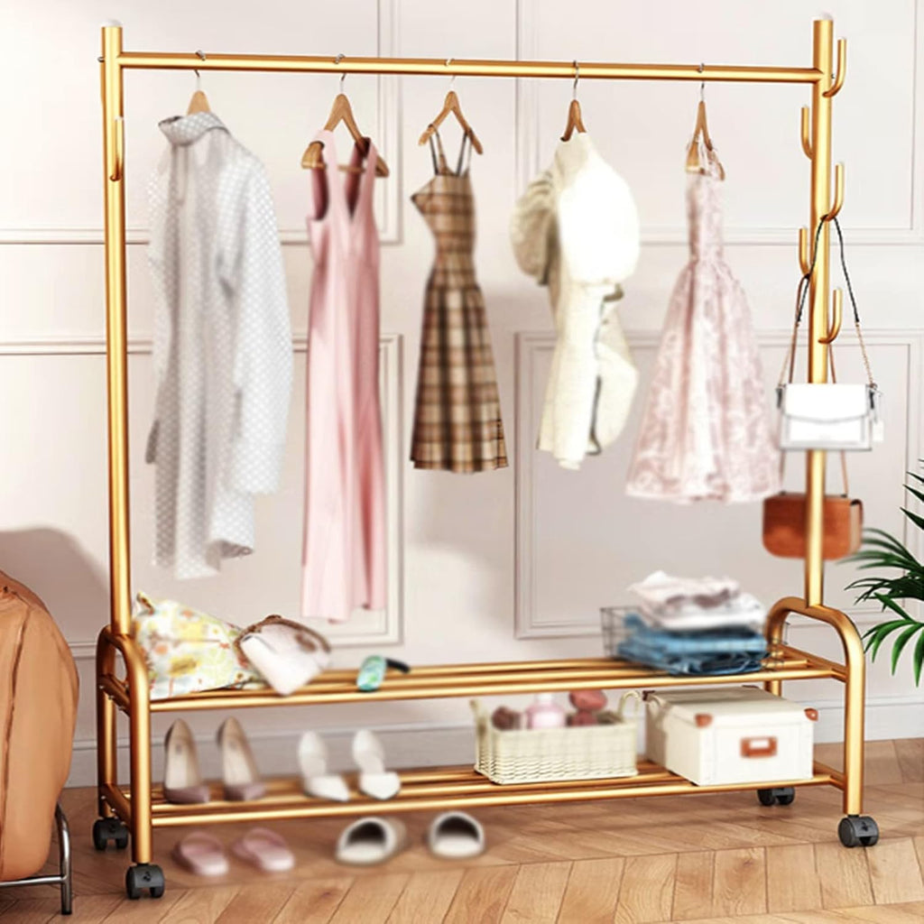 Clothes Rail Garment Rack Gold Drying Rack Rolling Garment Rack Wheels with 7 Hooks Organizer Storage Shelf for Bedroom, Living Room Balcony Entryway Stand Clothes Rod (60x37x165cm) ( 110x37x165cm)