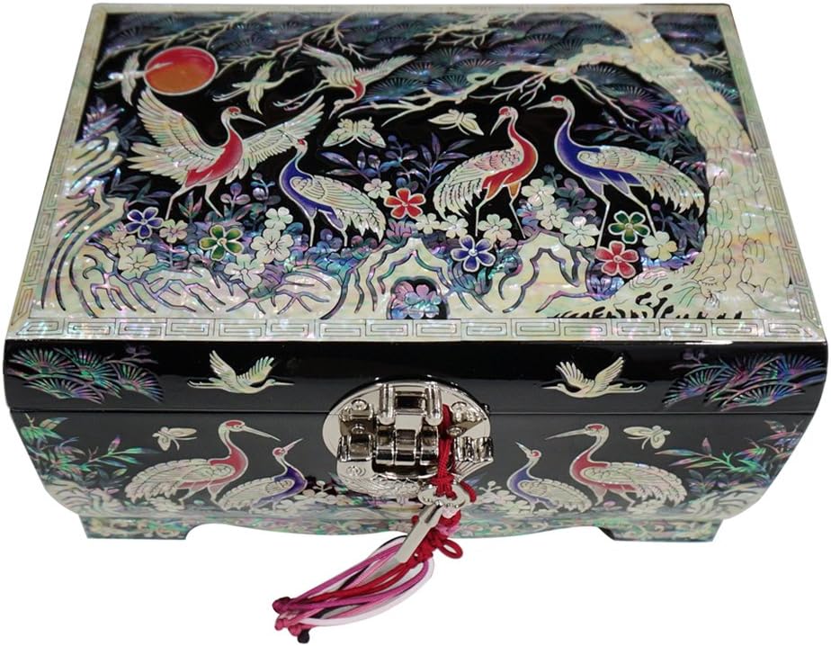 Mother of Pearl Birds Pine Tree Black Lacquer Wood Lock Jewelry Trinket Keepsake Treasure Box Case Chest