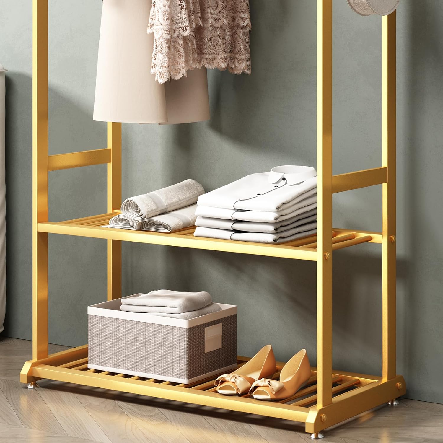 Gold Clothing Rack,Metal Garment Rack with Bottom Storage Shelves and 6 Side Hooks,modern Sturdy clothes racks for hanging clothes,Freestanding Wardrobe Rack for Bedroom or Boutique (L:23.6in)