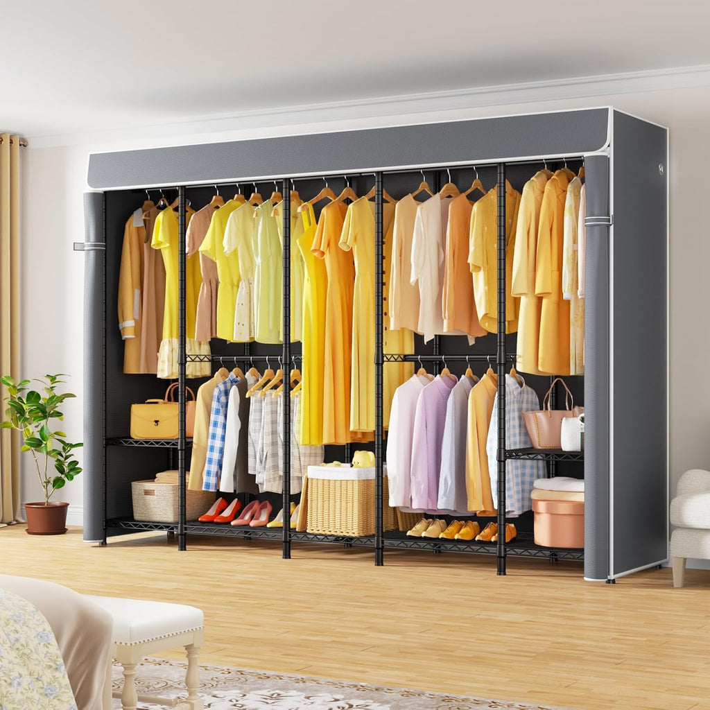 ULIFHOME H50C Extra Large Clothes Rack with Cover, Freestanding Portable Closet, Covered Clothing Racks for Hanging Clothes, Heavy Duty Garment Rack, Wardrobe Closet with Gray Cover Max Load 1350 Lbs
