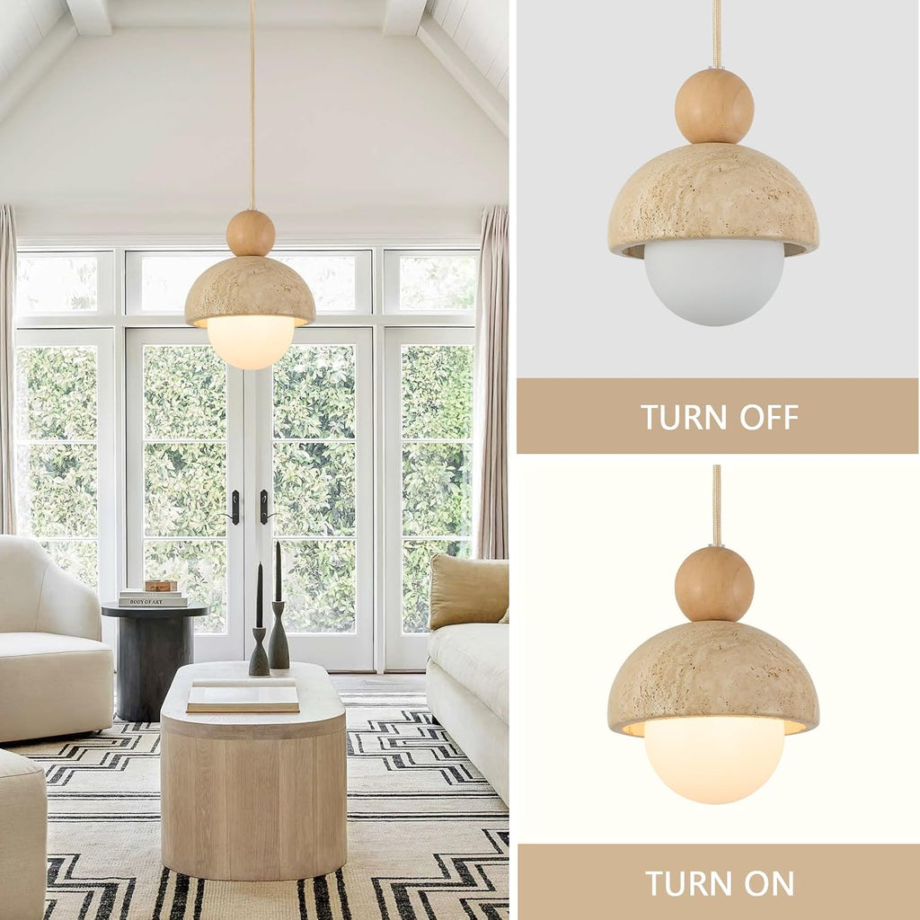 Natural Cave Stone Pendant Lights Kitchen Island Japanese Wabi Sabi Pendant Light Fixture with Wood Ceiling Plate Hanging Lamp for Hallway, Bedroom, Dining Room 3pcs