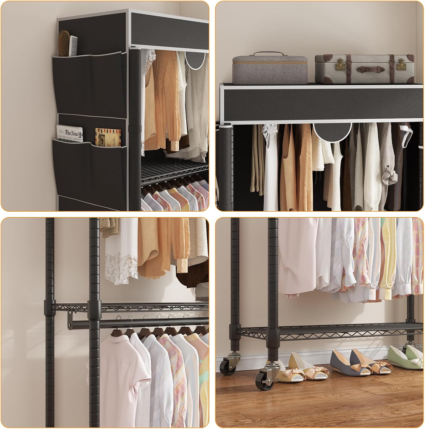 Homdox Garment Rack with Cover, Heavy Duty Clothing Rack for Hanging Clothes, Portable Closet Wardrobe, Double Rods Garment Rack with wheels, 35.1' W x 17.4' D x 80.6' H, Black