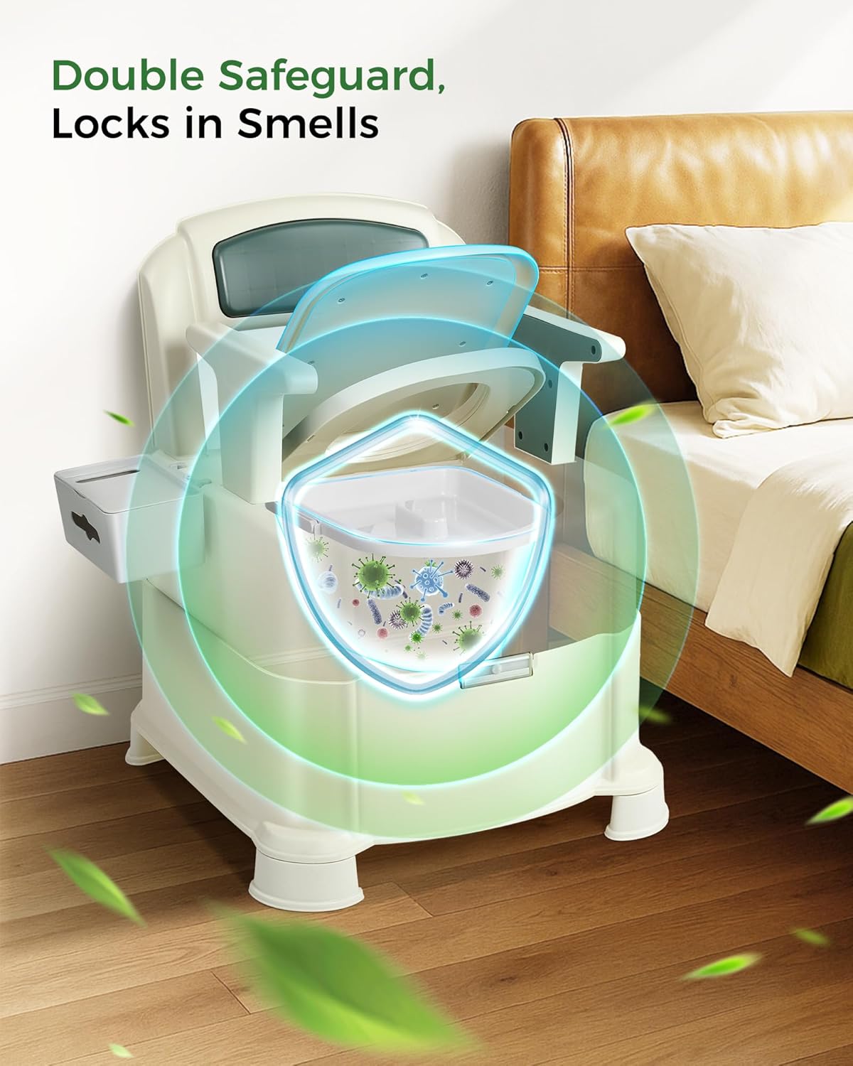 Bedside Commode, 500lbs Heavy Duty & Upgraded Commode Toilet Potty Chair, Portable Camping Toilet, Detachable Armrests, Automatic LED Light, 2-Level Height, 3 Rolls of Commode Liners 【Green】